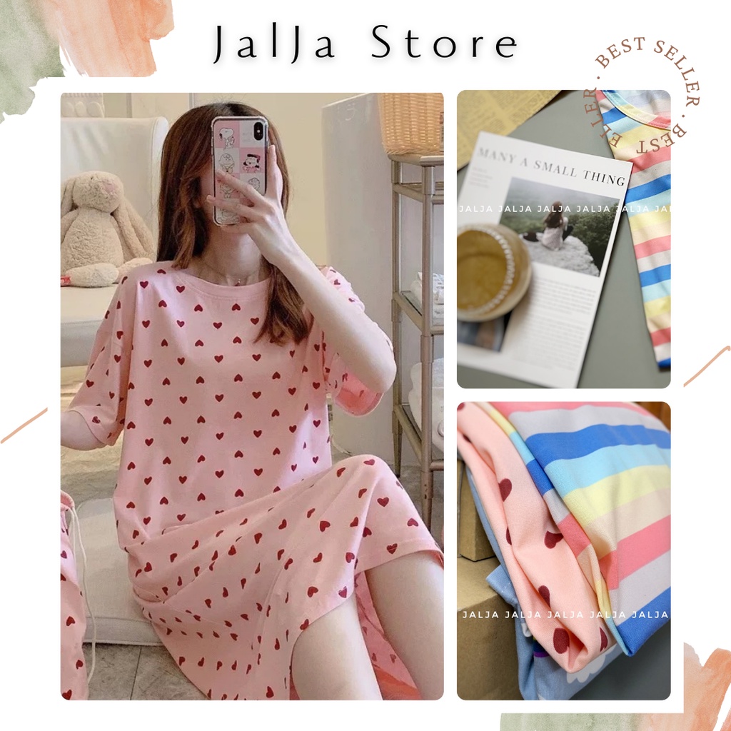 Váy ngủ nữ cộc tay đầm ngủ dáng suông chất cotton mềm mát họa tiết cute dễ thương mặc nhà JALJA Vay01