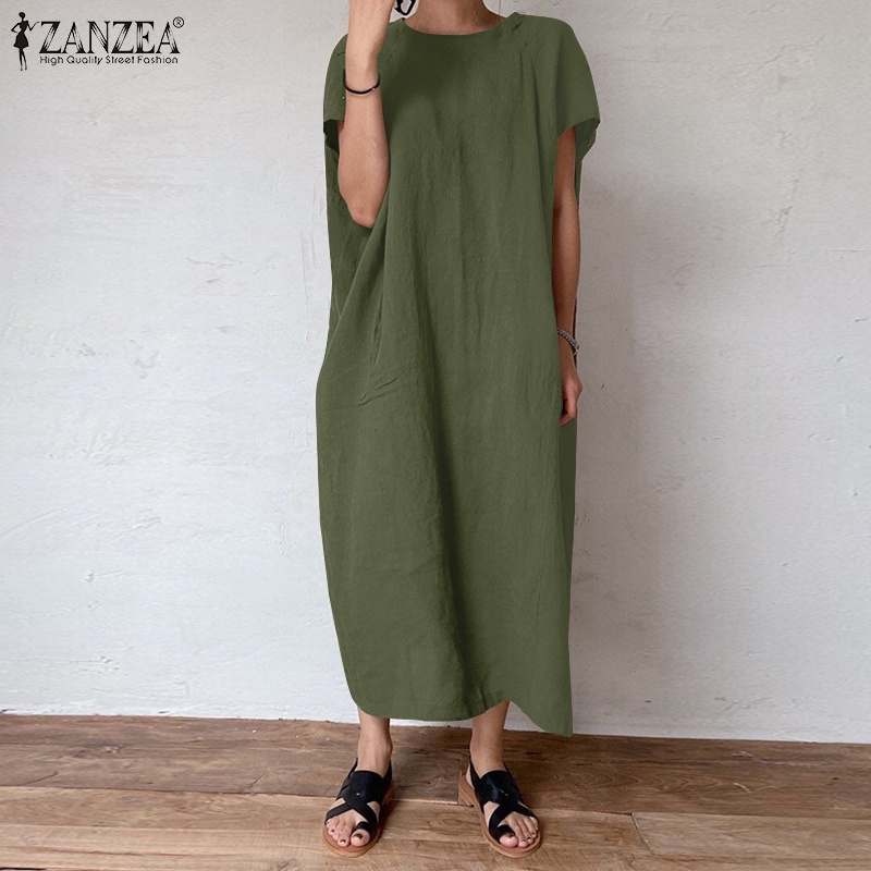 ZANZEA Đầm Dài Tay Ngắn Cổ Tròn Màu Trơn Phong Cách Cổ Điển Đơn Giản Thời Trang Cho Nữ