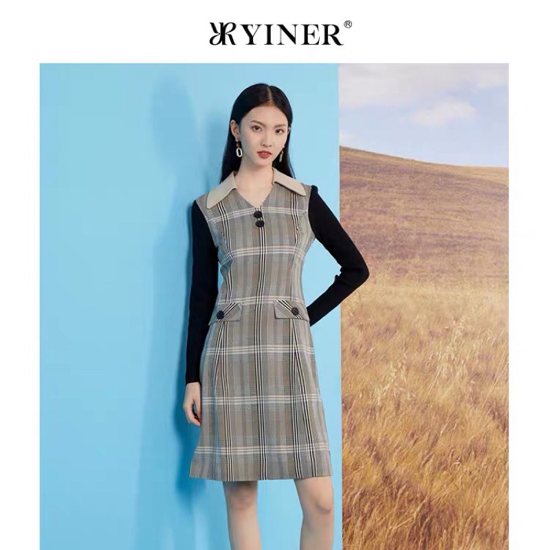Đầm sọc caro mix tay len Yiner