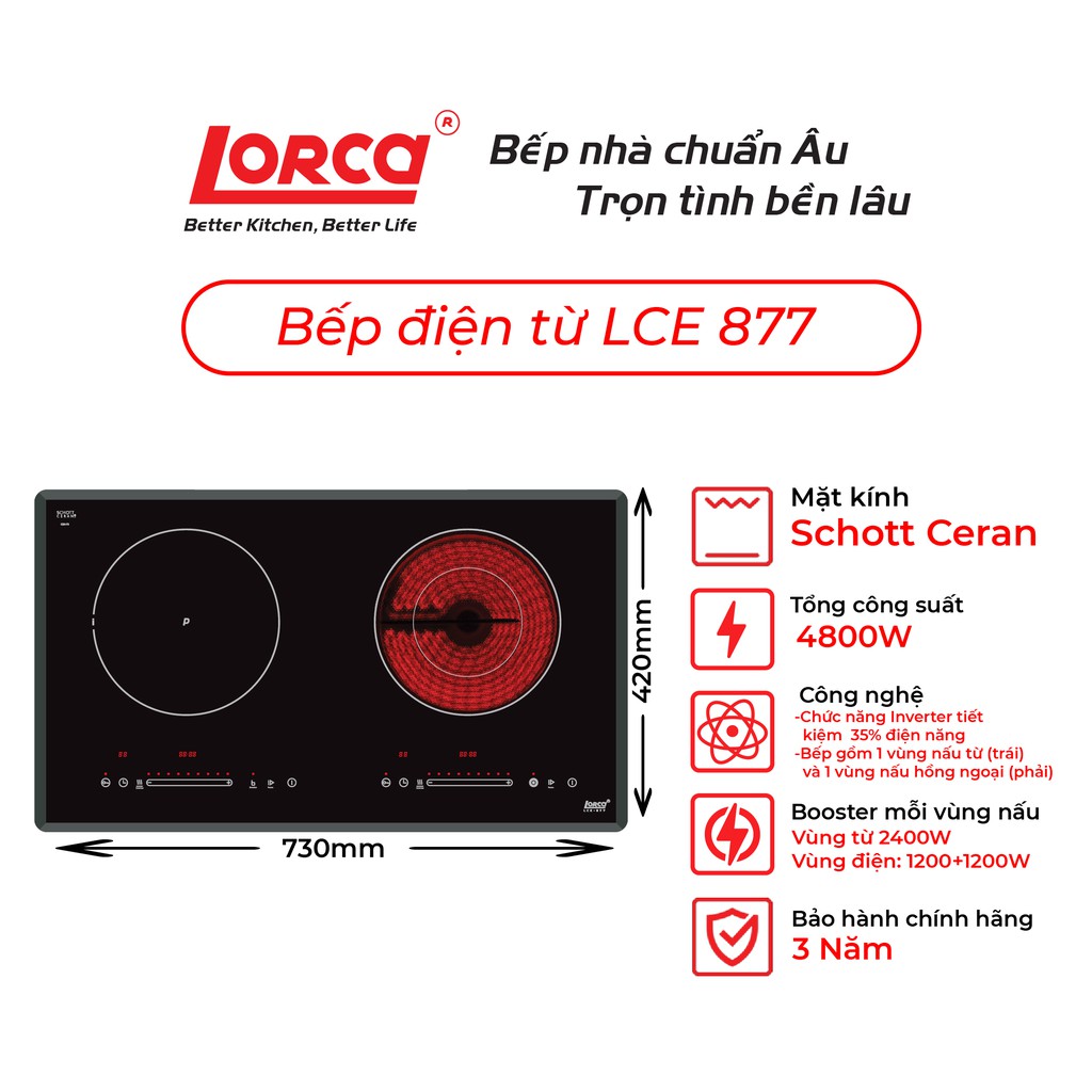 Bếp điện từ Lorca LCE-877 - Bếp đôi công suất 4800W, mặt kính Schott Ceran vát cạnh