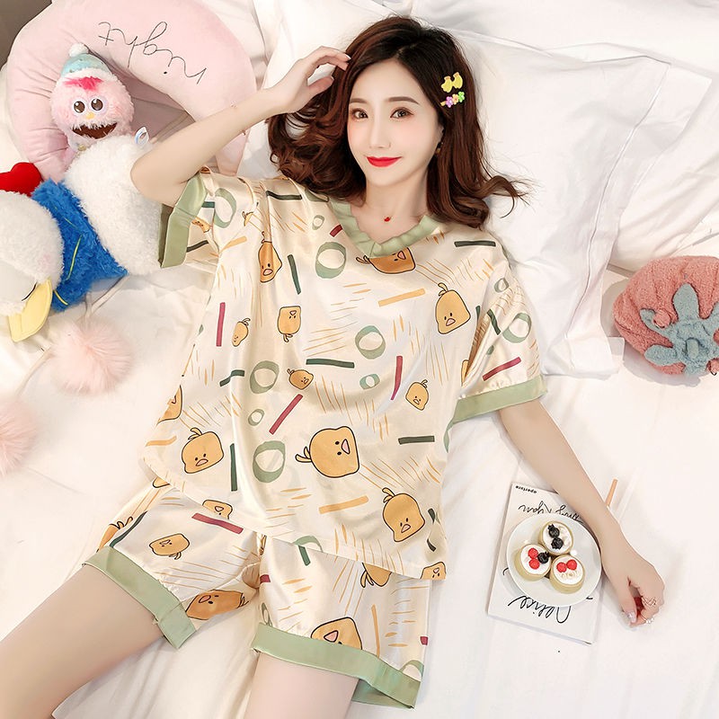 Bộ Đồ Ngủ Pijama Ngắn Tay Vải Lụa Phong Cách Hàn Quốc Cho Nữ