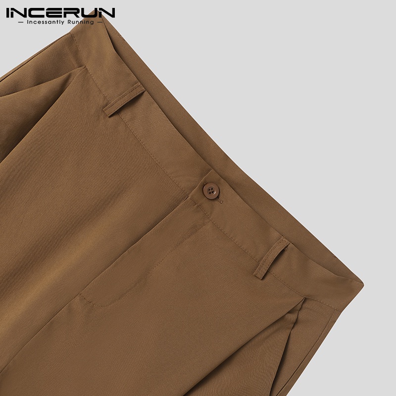 Quần dài INCERUN lưng cao dáng rộng màu trơn xếp ly thời trang cho nam