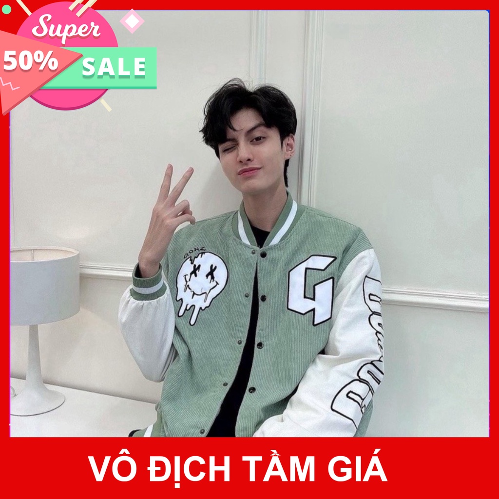 Áo varsity jacket Unisex Form rộng nhung tăm 1 lớp Hình thêu 100% Blue v4 Áo khoác bomber nam nữ Gonz Bóng chày hottrend