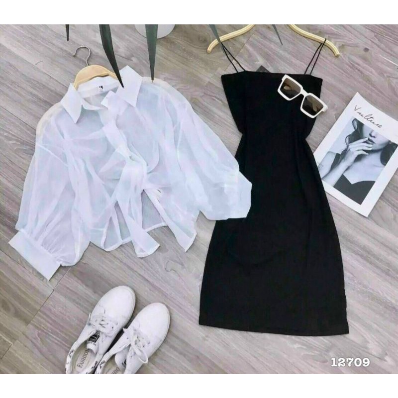 Set áo sơ mi váy body bún sang chảnh