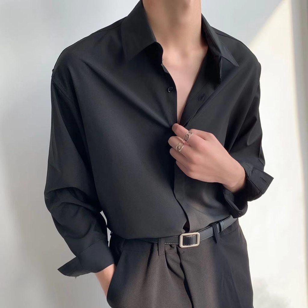 Áo sơ mi nam nữ dài tay MIchen Unisex Basic màu trắng và đen sơ mi lụa học sinh mịn mát.