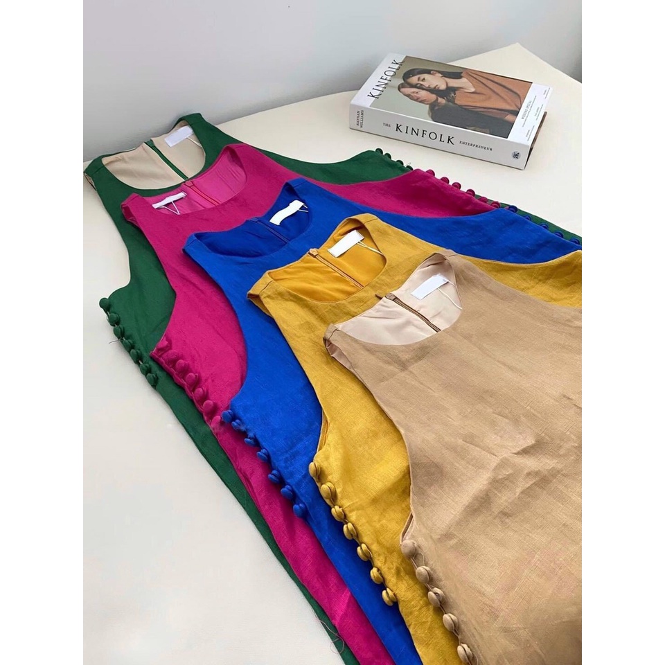 Đầm Linen suông form rộng thiết kế nút bọc 2 bên sườn