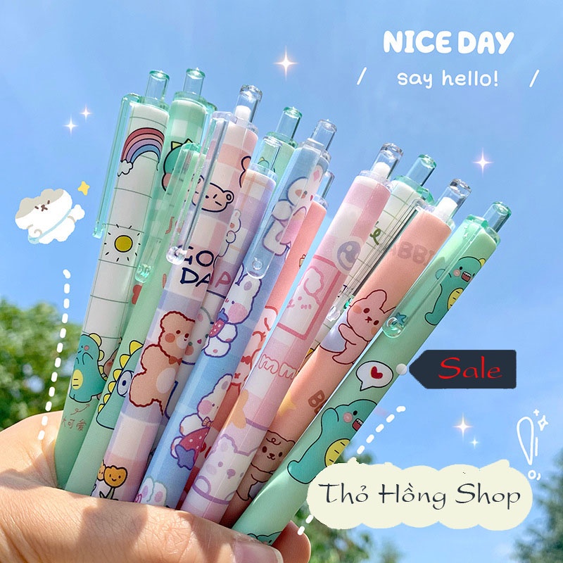Bút bi bấm mực đen trơn đều in hình dễ thương