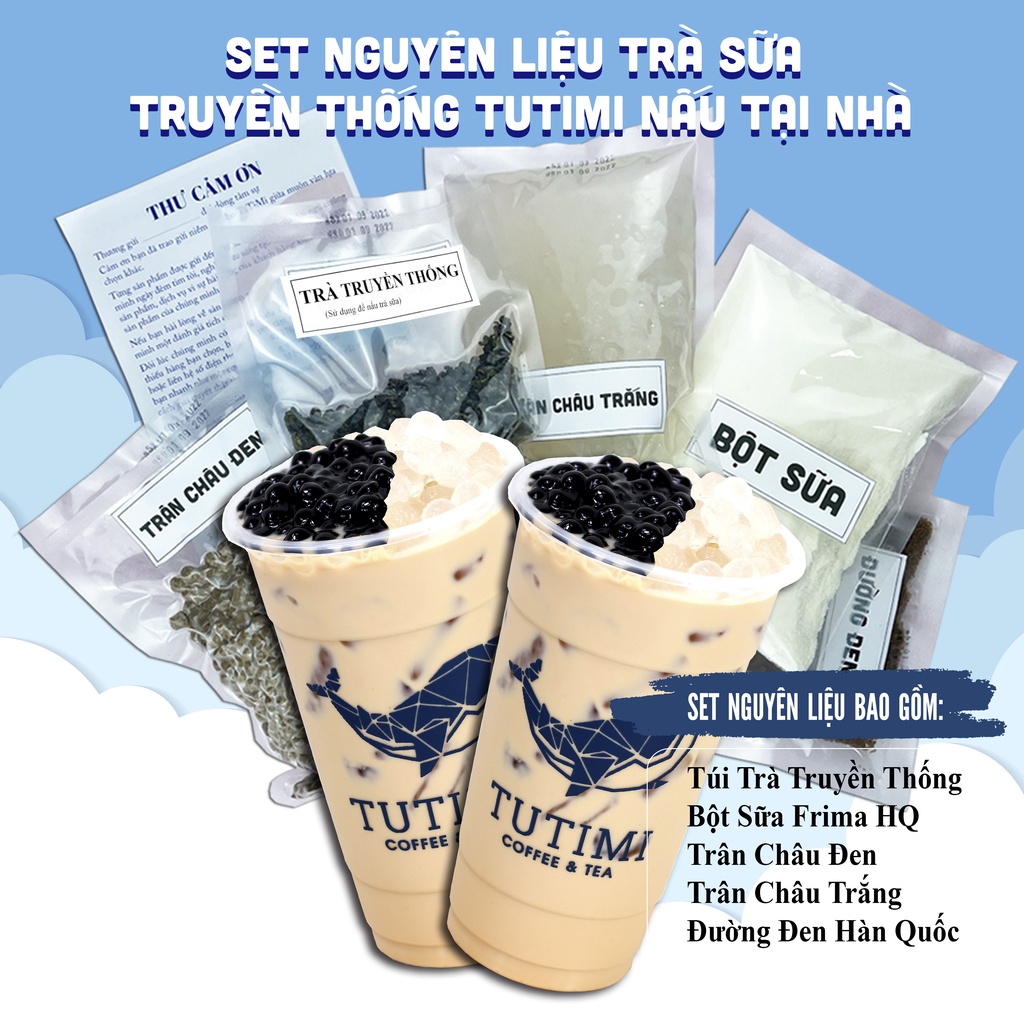 Set Nguyên Liệu Nấu Trà Sữa Truyền Thống TuTiMi, Topping Trân Châu Đen, Trân Châu Trắng, 20 -25 Ly