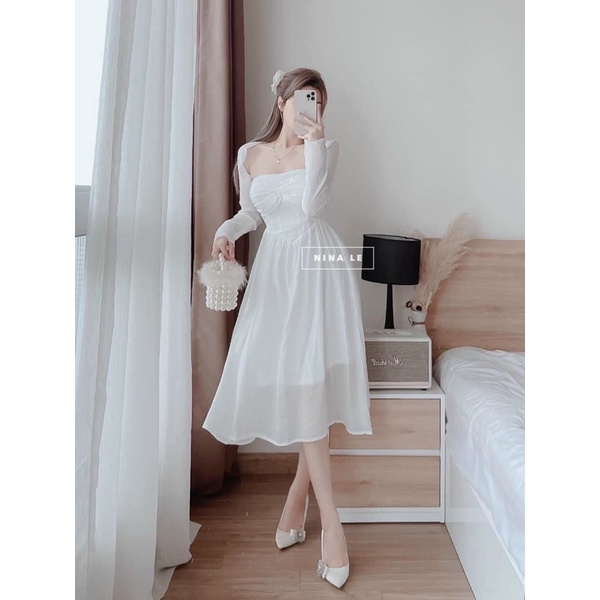 Set đầm midi kèm áo khoác hai lớp