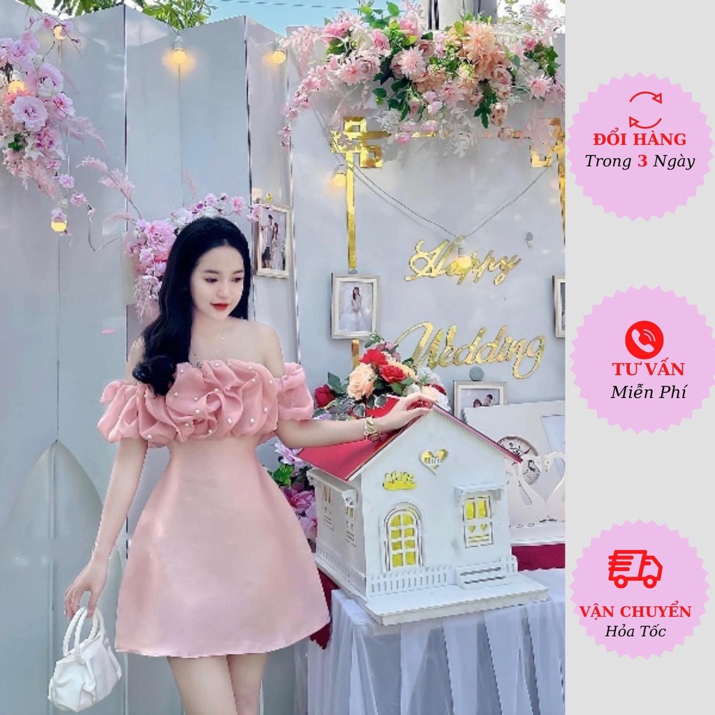 Váy trễ vai nữ tacta tay bồng viền bèo tầng đính ngọc tiểu thư bánh bèo dáng ngắn đi tiệc cưới sang chảnh Hàn Quốc