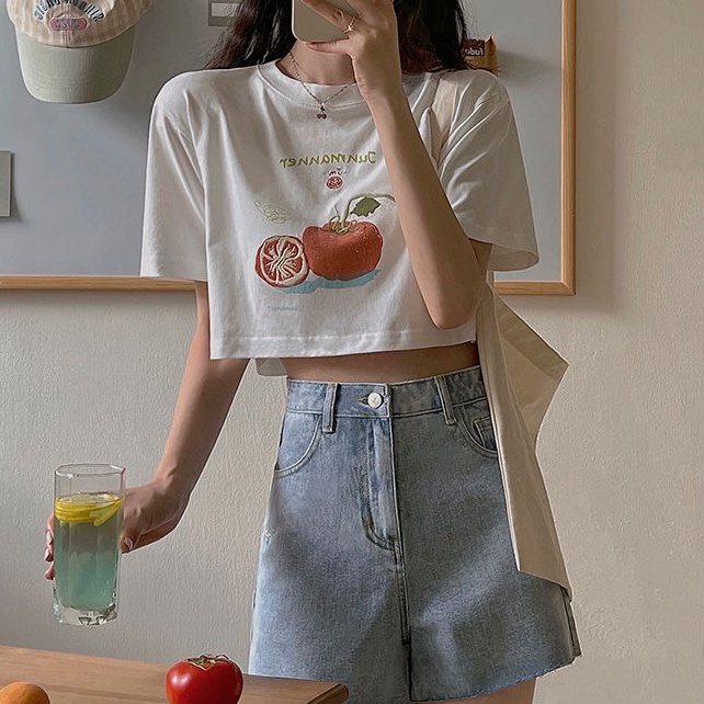 Áo thun croptop SUXI eo cao tay ngắn cổ tròn in hình trái cây đơn giản thời trang mùa hè cho nữ