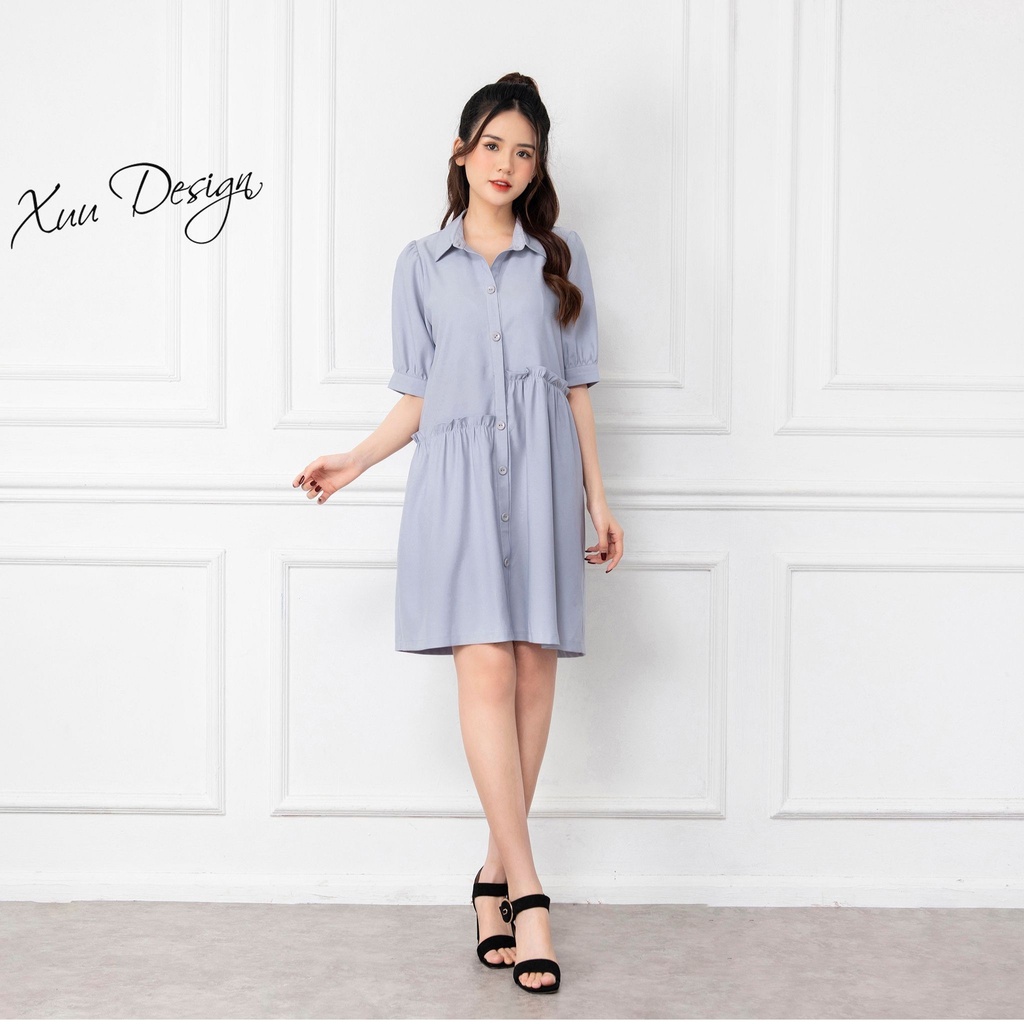 Váy suông phối bèo babydoll XUU cổ sơ mi, chất liệu tơ Xuu Design V02