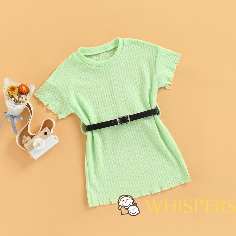 Set Đồ Mùa Hè 2 Món Gồm Đầm Tay Ngắn Màu Trơn Phối Tua Rua + Thắt Lưng Cho Bé Gái 1-6 Tuổi