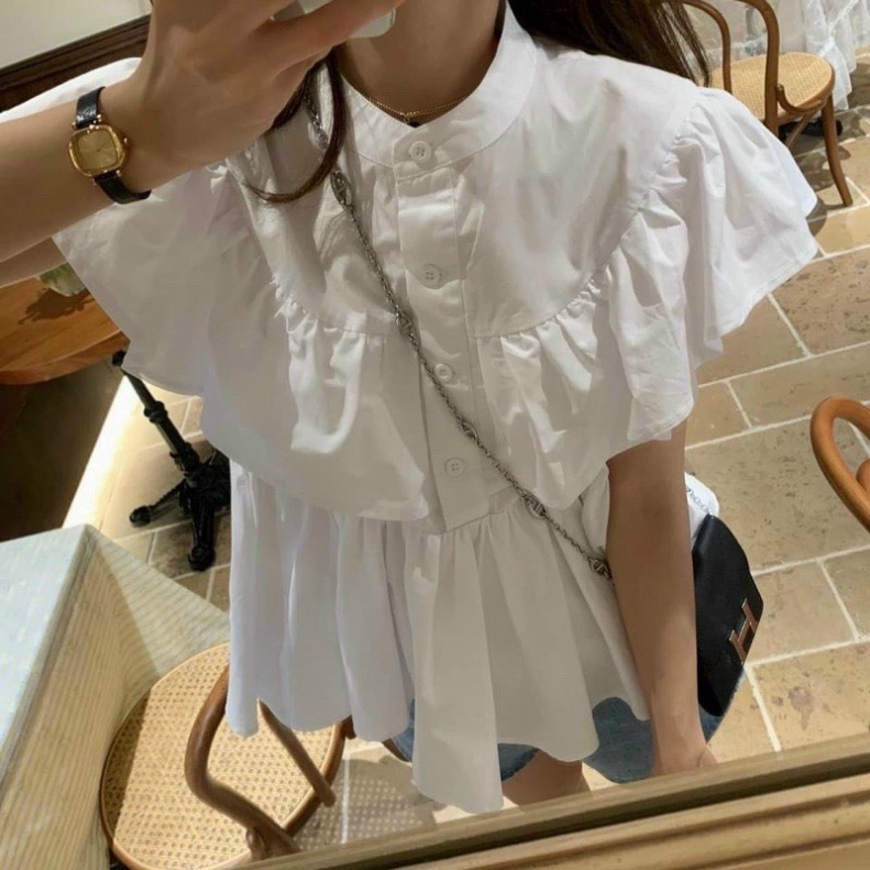 Áo sơmi ngắn tay cổ trụ tay bồng thuận lợi tươi tắn A108 Nội Y Xanh hàng đẹp trendy - nội y xanh
