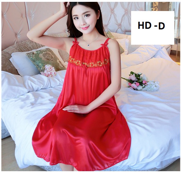 Váy ngủ ,đầm mặc nhà phi lụa 2 dây nơ xinh kiêu kỳ quyến rũ free size dưới 75kg ( LỤA 2 DÂY NƠ)