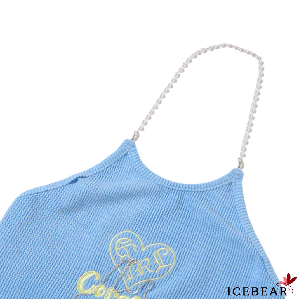 Áo Hai Dây Dáng Ngắn Thêu Chữ Và Trái Tim Màu Xanh Dương Thời Trang Quyến Rũ Cho Nữ