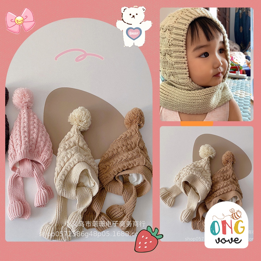 Mũ len trẻ em, Len thừng tai bông style hàn quốc siêu cute cho bé Ongvove MLB