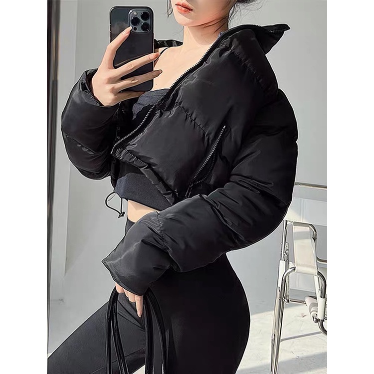 Áo khoác phao croptop dây kéo cổ đứng vải bông cotton ấm áp phong cách đường phố cá tính