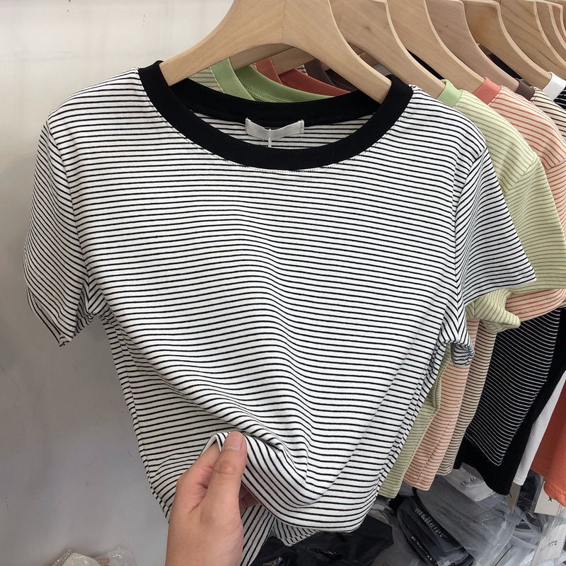 Áo thun cotton tay ngắn họa tiết kẻ sọc phong cách Hàn Quốc thời trang mùa hè 2022 dành cho nữ