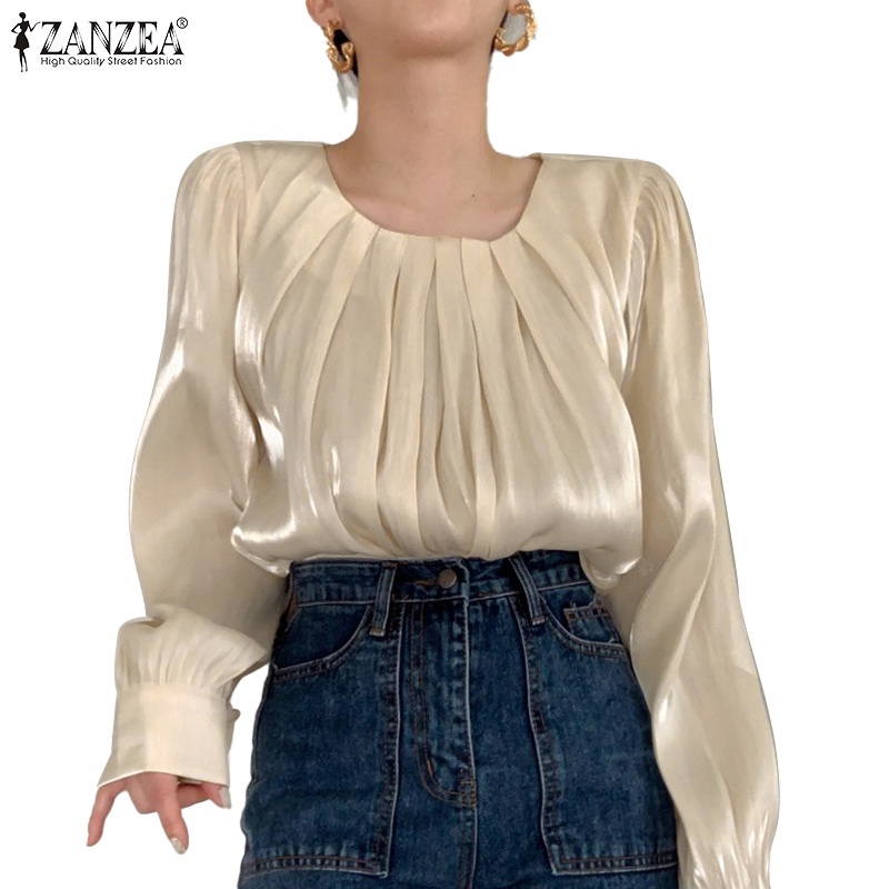 ZANZEA Áo Kiểu Vải Satin Cổ Tròn Tay Dài Dáng Rộng Cài Nút Thời Trang Cho Nữ