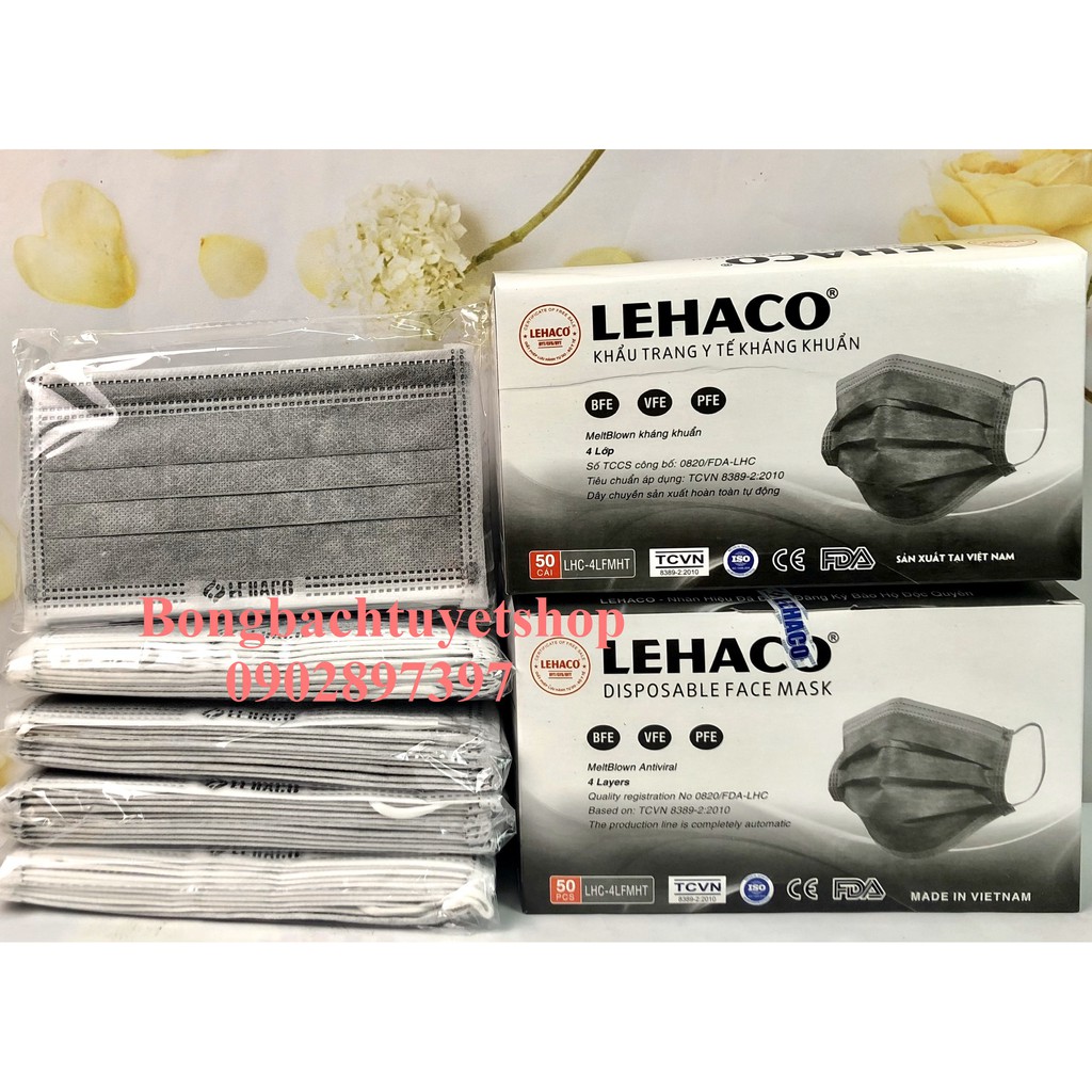 Khẩu trang Y tế Lehaco 4 lớp Màu Xám kháng khuẩn 50 cái/ hộp - Khẩu trang Lehaco kháng Khuẩn