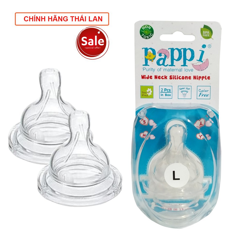 Núm vú silicone mềm cổ rộng Pappi hộp 2 cái Thailand