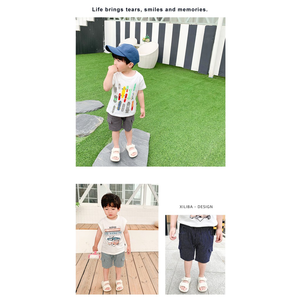 Mã 3681 quần short caro phối túi 2 bên phong cách Hàn Quốc cho bé trai