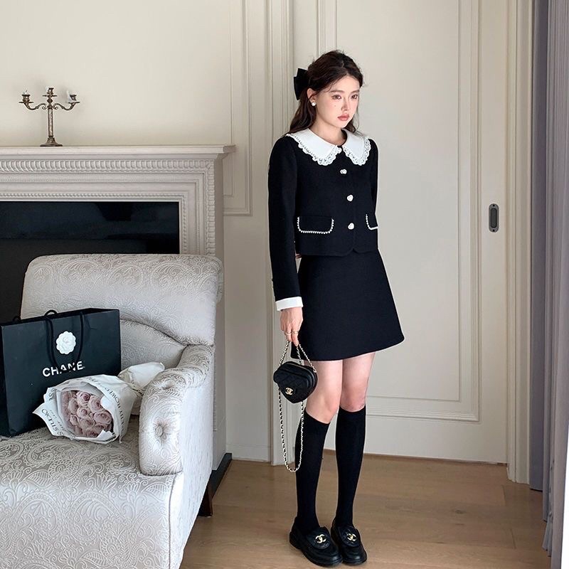 Áo dạ tweed & chân váy đen cổ ren cúc ngọc tiểu thư thanh lịch - LOẠI 1 QCCC (Có ảnh thật)