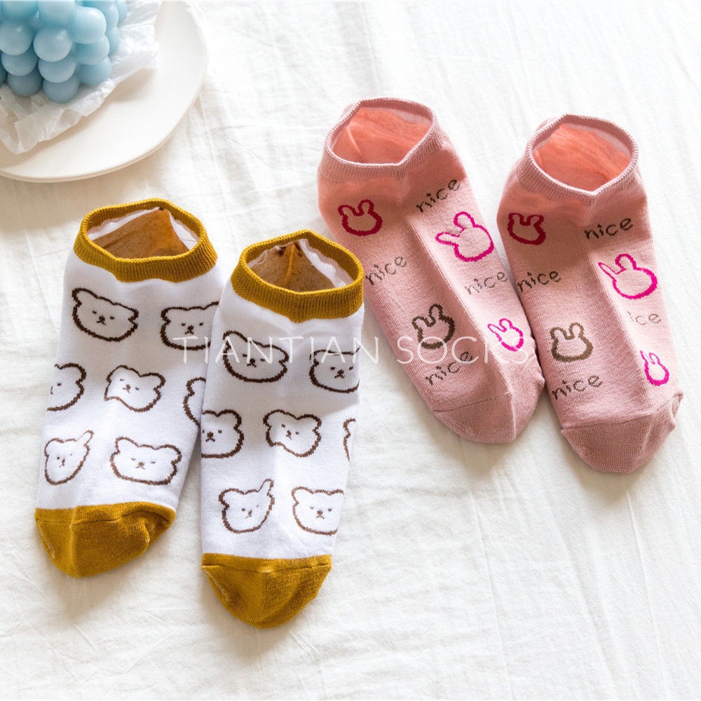 TIAN TIAN T192 Vớ Thể Thao Bằng Cotton Tất ngắn cổ Pu Thoáng Khí In Hình Gấu Hoạt Hình Miệng Nông Phong Cách Nhật Bản Dễ Thương Cho Nữ
