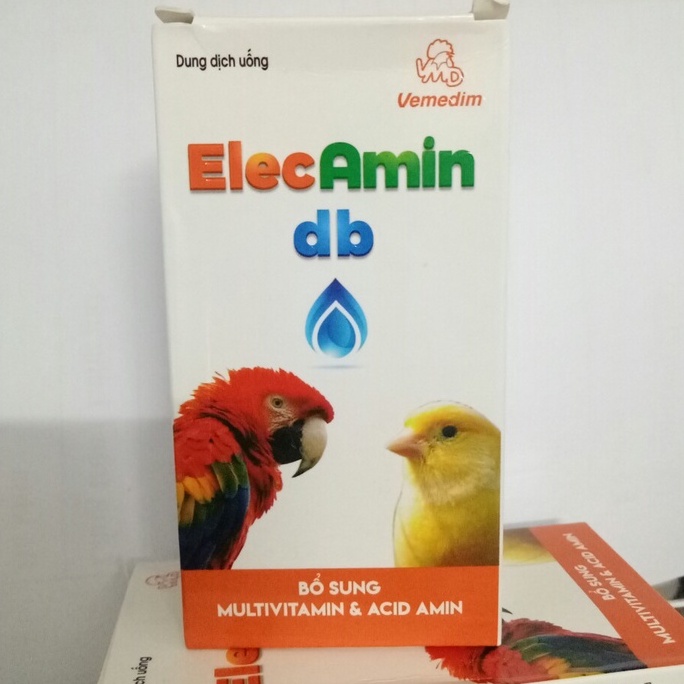 Elecamin bổ sung tất cả các loại vitamin A, D, E, B1, B2. B6, B12 , GLUTAMIC ACID cho vẹt, yến phụng,chó,mèo