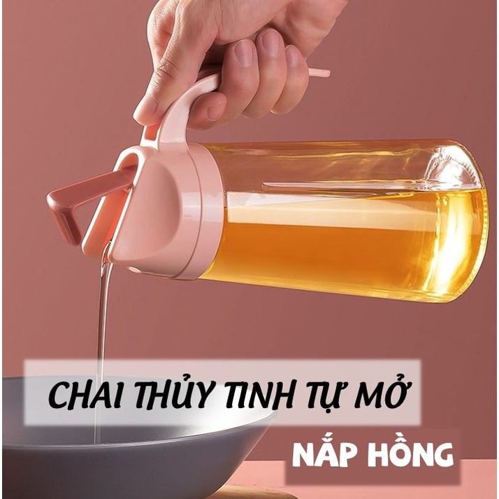  Chai lọ đựng dầu ăn thủy tinh 630ml tự động mở nắp màu hồng