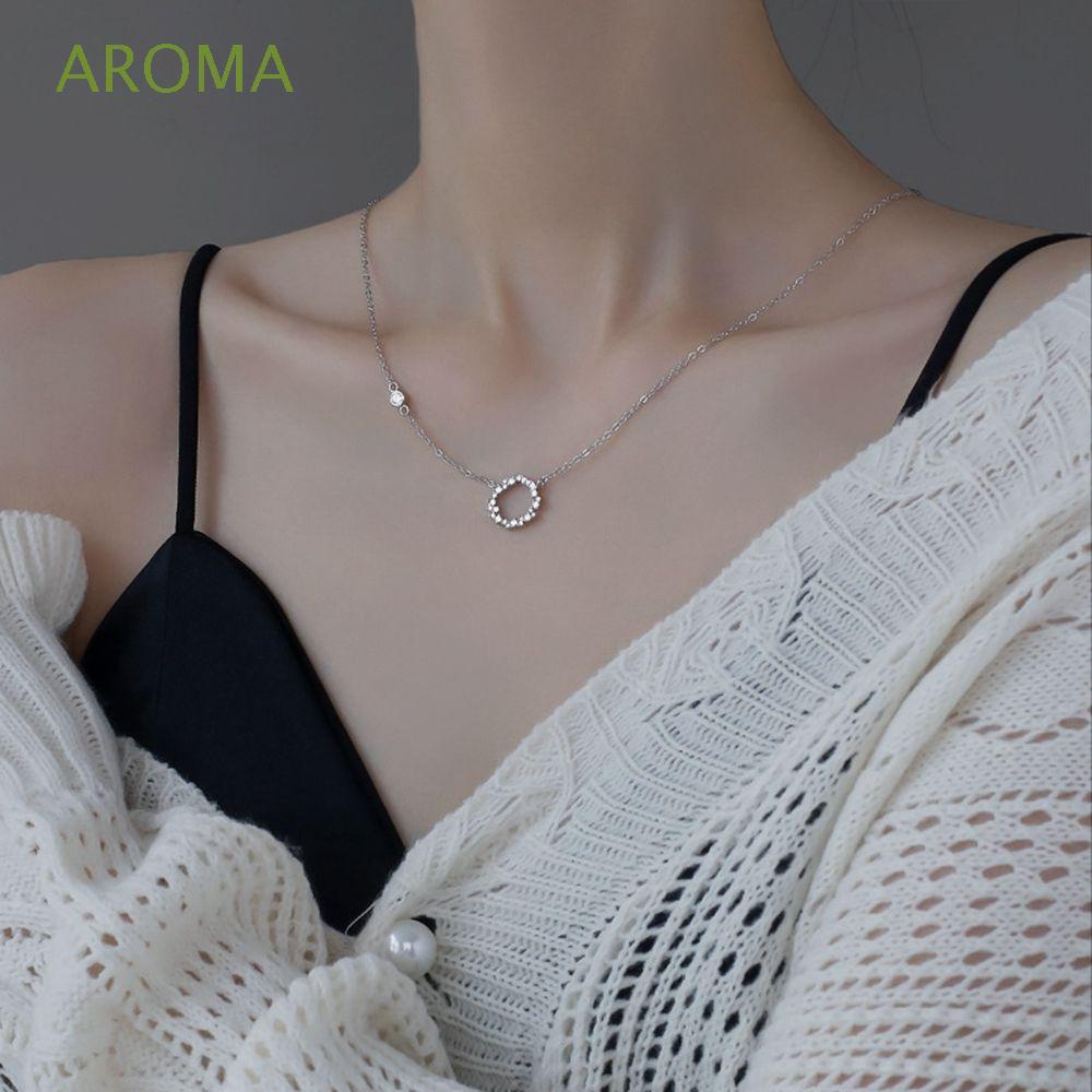 AROMA Simple Women Necklace Exquisite Circle Necklace Korean Style Necklace Geometry Elegant Round Sweater Chain Unique|Diamond Clavicle Chain/Multicolor