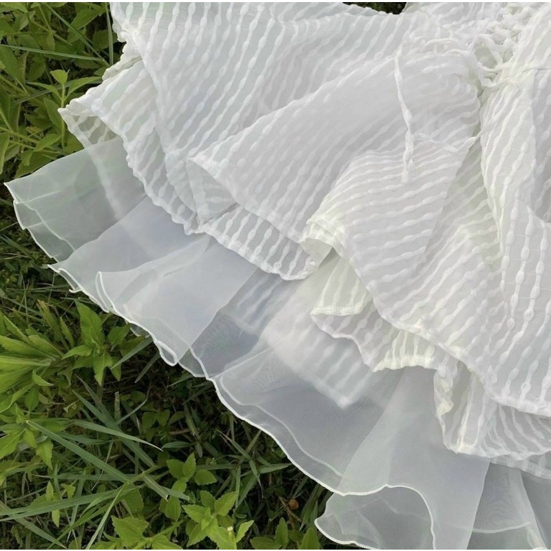 Đầm váy trắng xốp phối tơ xoè hai/2 dây đan eo thời trang nữ tiểu thư công chúa cute đi biển tiệc tùng party sinh nhật
