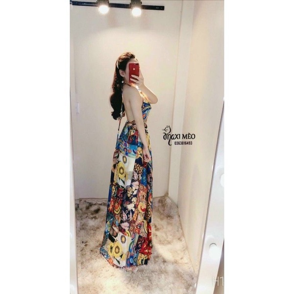 [ẢNH THẬT + VIDEO] đầm maxi dài cổ yếm họa tiết thổ cẩm đi biển (kèm mút ngực) đầm nữ dáng dài du lịch hở lưng sexy | BigBuy360 - bigbuy360.vn