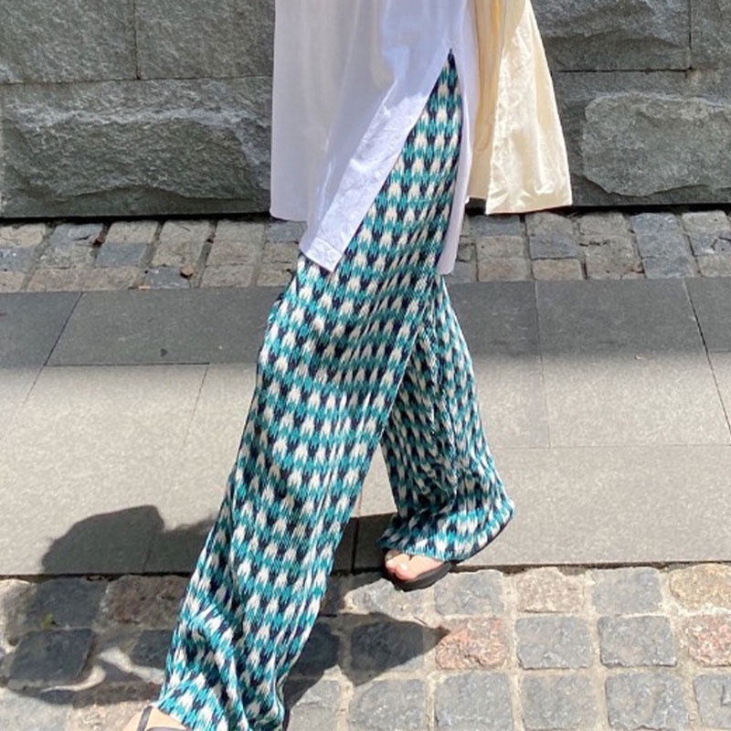 Quần dài XINLANYASHE lưng cao ống rộng họa tiết sọc caro thiết kế mỏng năng động thời trang cho nữ