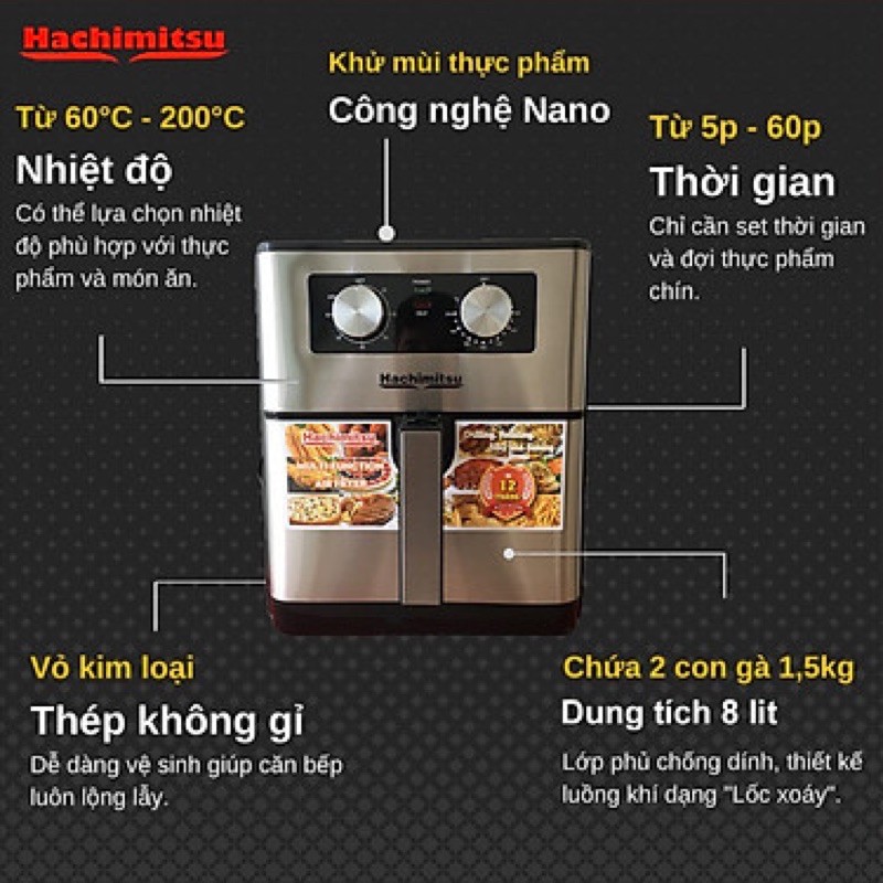 Nồi chiên không dầu 8L- Điều khiển cơ-Hachimitsu HC668- hàng chính hãng