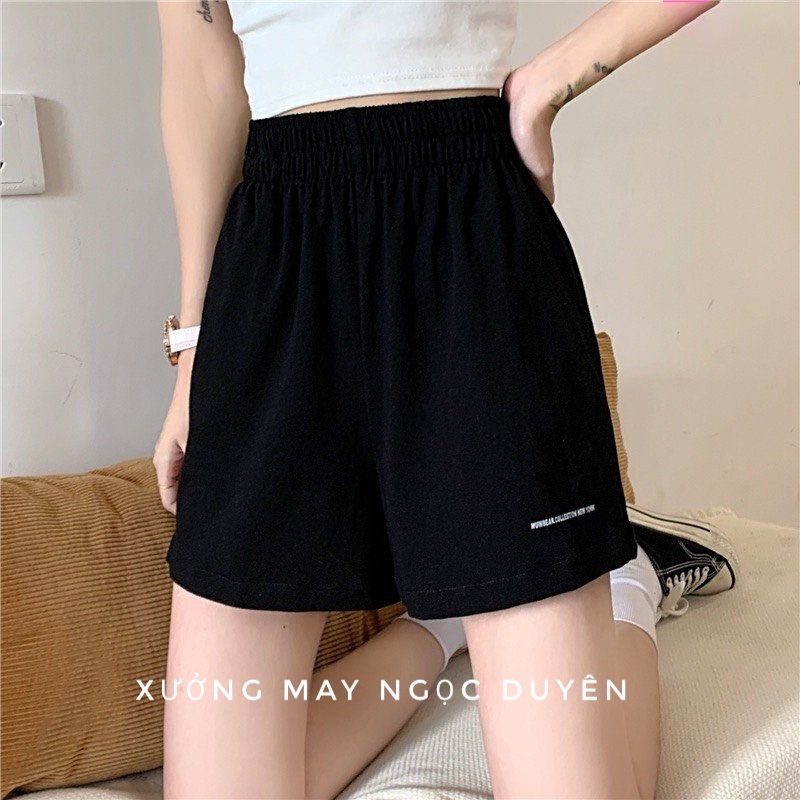 Quần short nữ cạp chun lưng thun thêu chữ túi dáng quần đùi đũi nữ ống rộng tập gym thể thao đi biển ở nhà ngủ cá tính