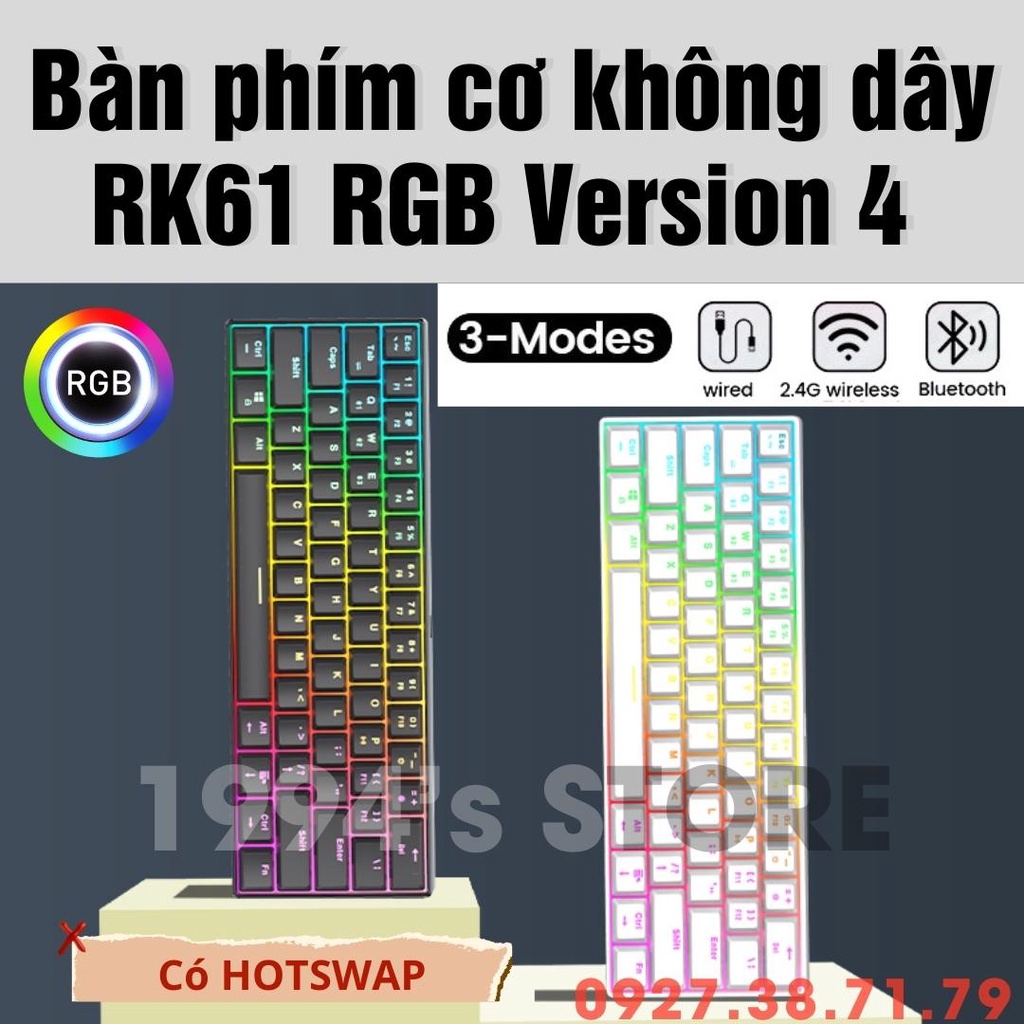 HOTSWAP - Bàn Phím Cơ RK61 Version 4.0 Bluetooth 5.1 - Wireless 2.4Ghz - Cáp Type C - Phần mềm chỉnh Led RGB và Custom