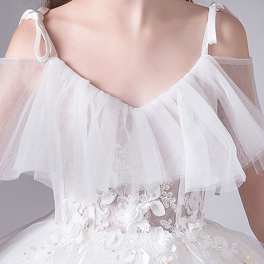 Đầm Công Chúa Hai Dây Thêu Hoa Màu Trắng Thanh Lịch Dành Cho Bé Gái Dự Tiệc Cưới