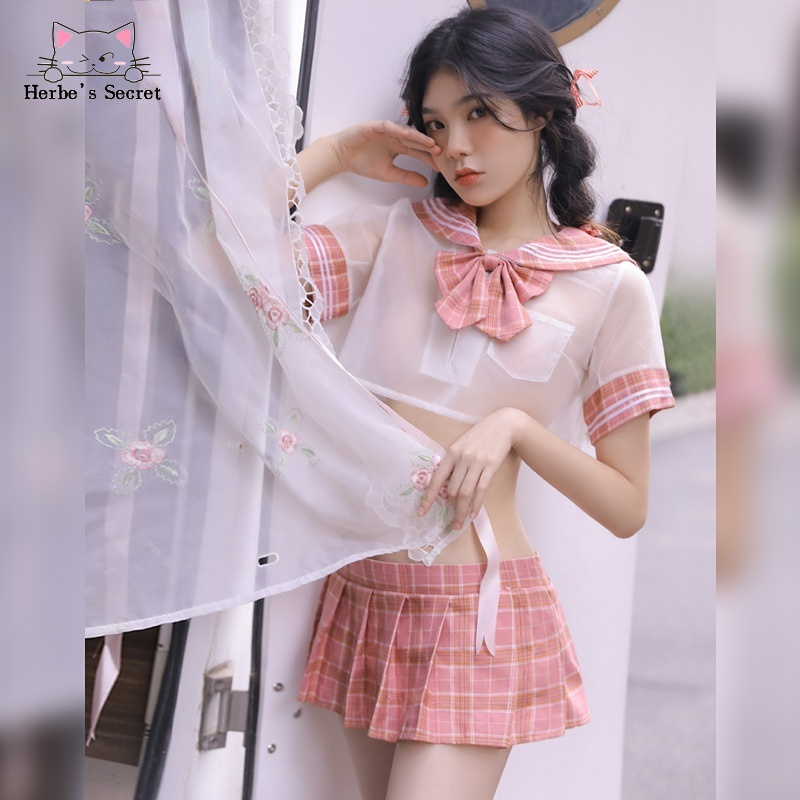 Herbe's Secret Bộ Đồ Lót Hóa Trang Học Sinh Gợi Cảm Cho Nữ Sexy Lingerie Pleated Skirt Cosplay See-Perspective Shirt Uniform Temptation Student Suit