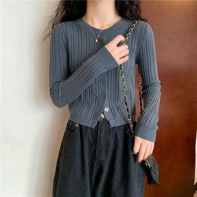 áo len gân khuy tay dài dáng Croptop - áo Len khuy vặn thừng