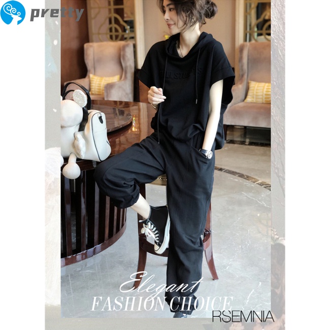 Set đồ thể thao 2 món gồm áo thun tay ngắn và quần dài có túi thời trang cho nữ