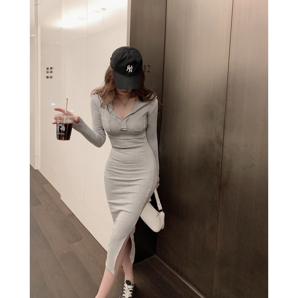 Váy body nữ dài tay có mũ trùm đầu thiết kế ôm sát phong cách gợi cảm khí chất hàng Quảng Châu thu đông