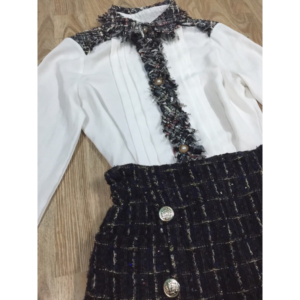 Pass sét áo sơ mi phối viền tweed + cv tweed