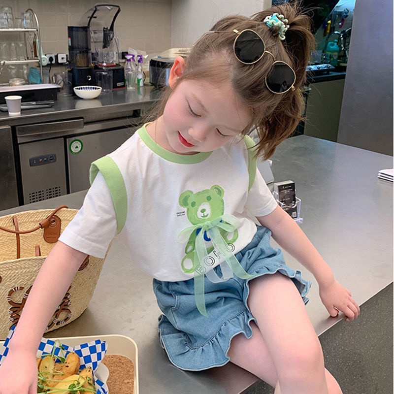 [Hàng Mới Về] Set Áo Thun Tay Ngắn Giả Hai Lớp Bằng Vải Cotton Thoải Mái Phong Cách Hàn Quốc Dành Cho Bé Gái