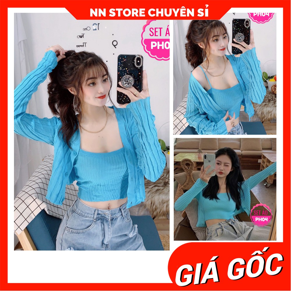 Set áo len Quảng Châu  Áo 2 dây nữ kèm khoác len mềm mịn PH04
