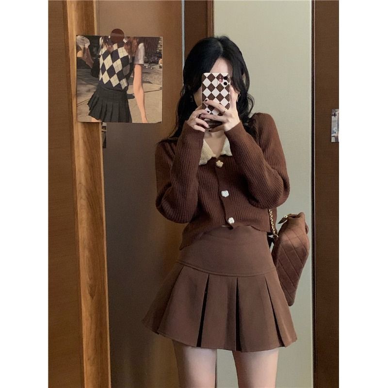 Set áo khoác Cardigan dài tay + chân váy lưng cao thời trang