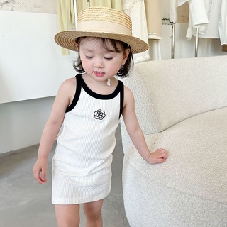 Đầm Hai Dây Mỏng Co Giãn Họa Tiết Hoa Trà Mùa Hè Đáng Yêu Cho Bé Gái