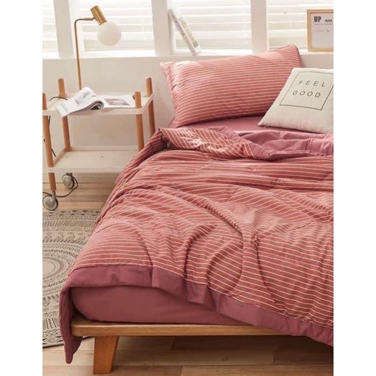 Bộ chăn ga gối cotton tici chăn trần EMMI Bedding mẫu KẺ NGANG HỒNG  grap nệm thun lạnh Hàn Quốc Drap giường đệm đủ siz