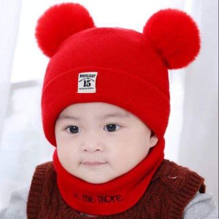 Set mũ khăn len tai bông trẻ em